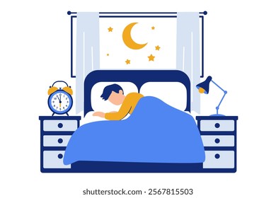man sleeping in bed with alarm clock and night light