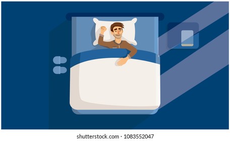 man sleeping in bed. blue background. vector illustration