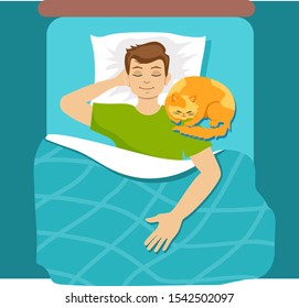 Man sleeping in bed with cat. Guy chilling at home with comfortable cat in relaxing position. Vector illustration. Sleep, rest.