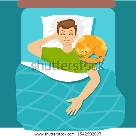 Man sleeping in bed with cat. Guy chilling at home with comfortable cat in relaxing position. Vector illustration. Sleep, rest.