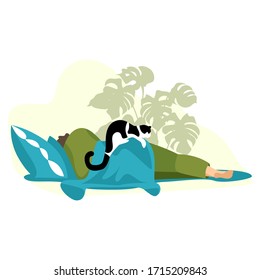 a man is sleeping in a bed. man and cat. vector image of a sleeping person rear view