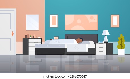 man sleeping in bed covered with quilt lazy african american guy sleep at morning bedroom modern apartment interior male cartoon character flat horizontal full length