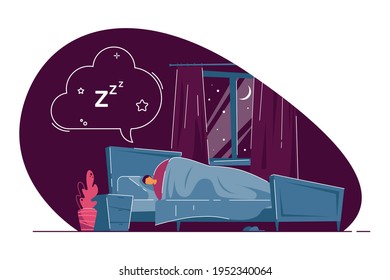 Man sleeping in bed and dreaming. Male under duvet seeing dreams in bedroom, cloud above bed flat vector illustration. Dreaming, night sleep concept for banner, website design or landing web page