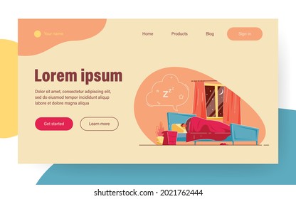 Man sleeping in bed and dreaming. Male under duvet seeing dreams in bedroom, cloud above bed flat vector illustration. Dreaming, night sleep concept for banner, website design or landing web page
