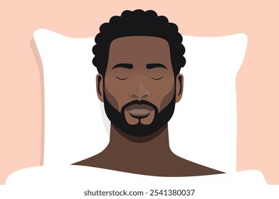 Man sleeping in bed - Face of black African American male person with eyes closed sleeps on pillow under blanket feeling relaxed, resting and having a nap alone. Vector illustration