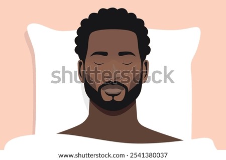 Man sleeping in bed - Face of black African American male person with eyes closed sleeps on pillow under blanket feeling relaxed, resting and having a nap alone. Vector illustration
