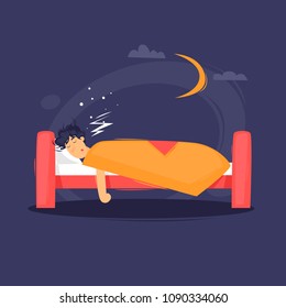 Man is sleeping in the bed. Flat design vector illustration.