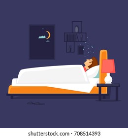 Man Is Sleeping In Bed. Flat Design Vector Illustration.