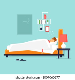 Man is sleeping in the bed. Flat vector illustration in cartoon style.