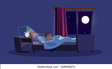 Man Sleeping In Bed Flat Vector Illustration. Bedroom Interior Design On Blue Background. Young Boy Lying In Bed Cartoon Characters. Nap Time. Apartment Decor, Room Furnishing With Window At Night