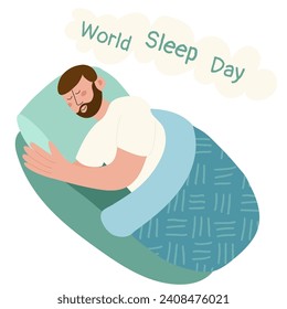 Man sleeping in a bed. Healthy sleep. World sleep day. National bed month