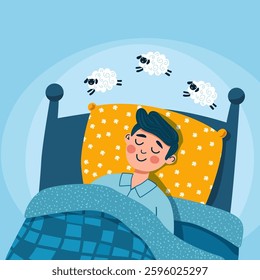 Man sleeping in bed. Healthy sleep. Flat graphic vector illustration on white background