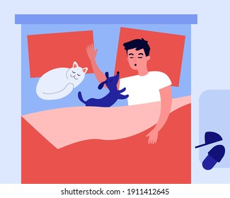 Man sleeping in bed with lovely pets. Cat, dog, pillow flat vector illustration. Domestic animals and lifestyle concept for banner, website design or landing web page