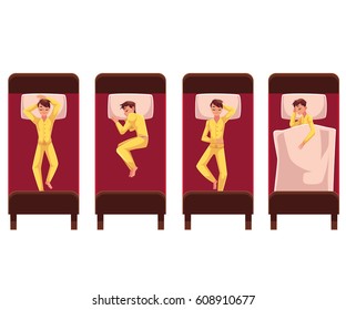 Man sleeping in bed, lying on back, side, under blanket, top view, cartoon vector illustration on white background. Top view of man sleeping in bed in different positions, lying on back and on side