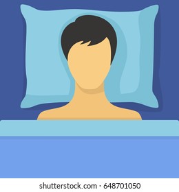 Man sleeping in bed. Sleeping man lying on a pillow and dreaming at night. Vector illustration