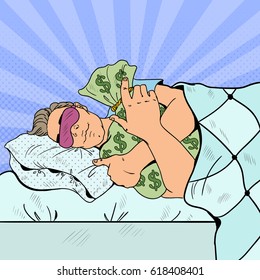 Man Sleeping In Bed With Money Bags. Pop Art Retro Vector Illustration