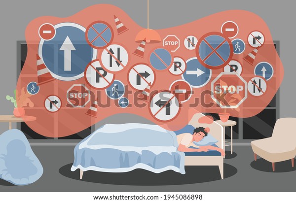 Man sleeping in bed at night and dreaming about\
road signs, traffic rules, driving lessons vector flat\
illustration. Night before passing exams for driver license.\
Student of driving school.