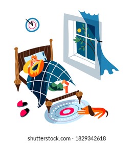 Man sleeping in bed at night. Guy lying under blanket in evening. Schedule vector illustration. Everyday routine at home. Bedroom modern interior design. Dog sleeping on carpet.