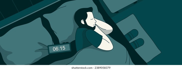 Man sleeping in bed. Top View. Vector illustration in flat minimalistic style. Sleep and health concept. Man Getting up early for work. The importance of sleep. Horizontal banner. Header for a website