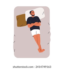 Man sleeping in bed, top view. Person asleep uncovered, lying, resting on pillow. Guy dreaming on back, slumbering with arms and legs crossed. Flat vector illustration isolated on white background