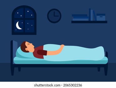 Man sleeping in bed under blanket in flat design. Guy sleep in bedroom at night. 