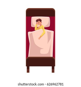 Man sleeping in bed under blanket, wearing pajamas, lying on side, top view cartoon vector illustration on white background. Top view of man sleeping on side in pajamas, lying in bed under blanket