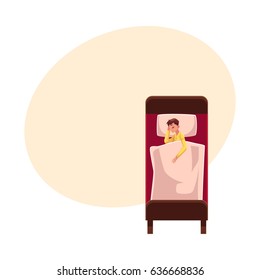 Man sleeping in bed under blanket, wearing pajamas, lying on side, top view cartoon vector illustration with space for text. Top view of man sleeping on side in pajamas, lying in bed under blanket