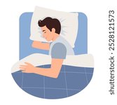 Man sleeping in bed under duvet. A guy lying in a side pose during dream on pillow, top view. Vector Illustration