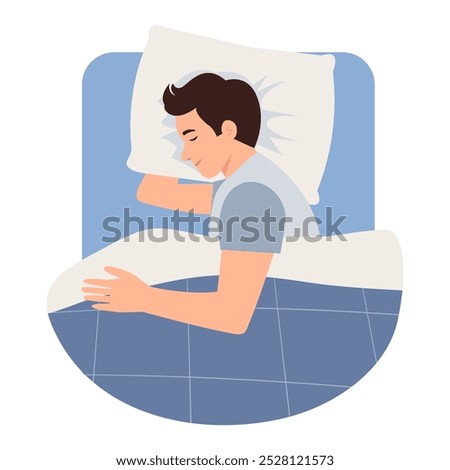 Man sleeping in bed under duvet. A guy lying in a side pose during dream on pillow, top view. Vector Illustration