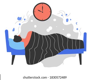 Man sleeping in bed under warm blanket. Male character at home, daily routine and lifestyle of guy. Bedtime and rest for personage, human health and tiredness of organism vector in flat style