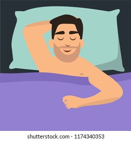 Man is sleeping in bed. Vector illustration in a flat style. Top view of different sleeping poses of men vector illustration