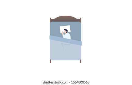 Man Sleeping In Bed Vector Illustration. Top View On Flat Male Character Sleeping In Fetal Position. Healthcare, Healthy Lifestyle Concept. Isolated On White.