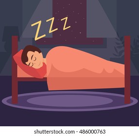 Man Sleeping In Bed. Vector Illustration. Cartoon Isolated.