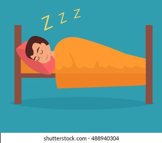 Man Sleeping In Bed. Vector Illustration. Cartoon Isolated.