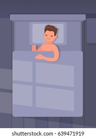 Man is sleeping in bed. Vector illustration in a flat style