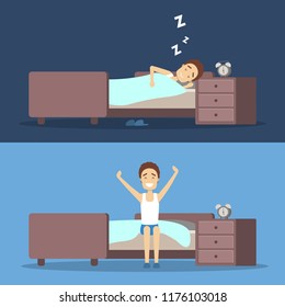 Man sleeping in the bed and waking up with the sun in a good mood. Resting in bedroom and morning awakening. Flat vector illustration