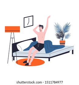 Man sleeping in the bed and waking up with the sun in a good mood. Resting in bedroom and morning awakening. Isolated vector illustration in cartoon style