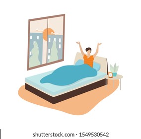 Man sleeping in the bed and waking up with the sun in a good mood. Resting in bedroom and morning awakening. Isolated vector illustration in cartoon style