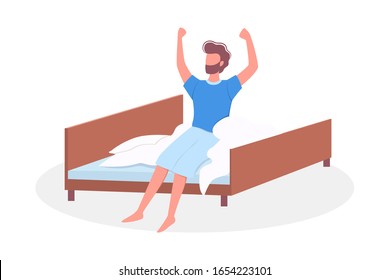 Man sleeping in the bed and waking up with the sun in a good mood. Resting in bedroom and morning awakening. Isolated vector illustration