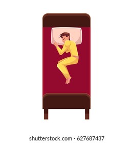 Man sleeping in bed, wearing pajamas, lying on side uncovered, top view cartoon vector illustration on white background. Top view.