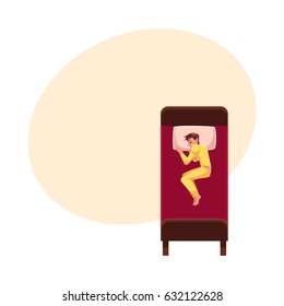 Man sleeping in bed, wearing pajamas, lying on side uncovered, top view cartoon vector illustration with space for text. Top view of man sleeping sweetly on his side, wearing pajamas, lying in bed