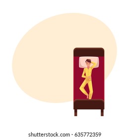 Man sleeping in bed, wearing pajamas, lying on back uncovered, top view cartoon vector illustration with space for text. Top view of man sleeping sweetly on his back, wearing pajamas, lying in bed