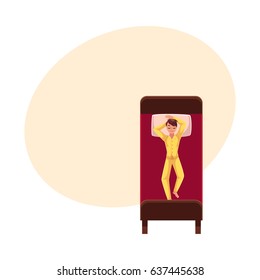 Man sleeping in bed, wearing pajamas, lying on back uncovered, top view cartoon vector illustration with space for text. Top view of man sleeping sweetly on his back, wearing pajamas, lying in bed