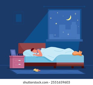 Man sleeping in bedroom interior. Night bed rest. Vector illustration