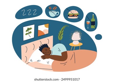 Hombre durmiendo en el dormitorio, consejos de higiene del sueño, sin cafeína, sin alcohol, sin comidas pesadas. Ilustración vectorial de higiene para dormir, estilo plano de dibujos animados. Estilo de vida saludable, noche de descanso, hábitos de rutina antes de acostarse