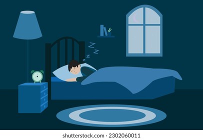 Hombre durmiendo. Concepto vectorial de dormitorio y dormitorio. Fondo azul.