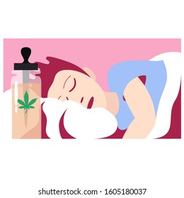 Man sleeping beside of cannabis oil. CBD oil. Vector illustration.