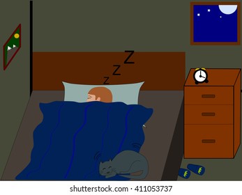 Man is sleeping with cat in the dark room 