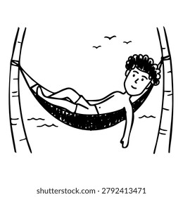 man sleeping comfortably on hammock between palm trees