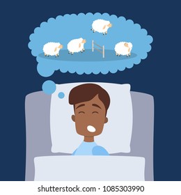 Man sleeping and counting sheep in dream.